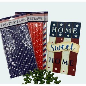 Patriotic Home Sweet Home Sign 8 Inch 54 Paper Straws Stars Stripes Red White